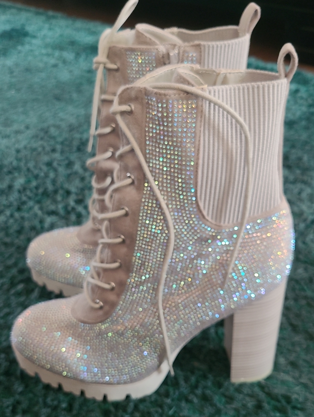 Wild Diva Sparkling Crystal Lace-Up Chunky Heel Ankle Boots - White
